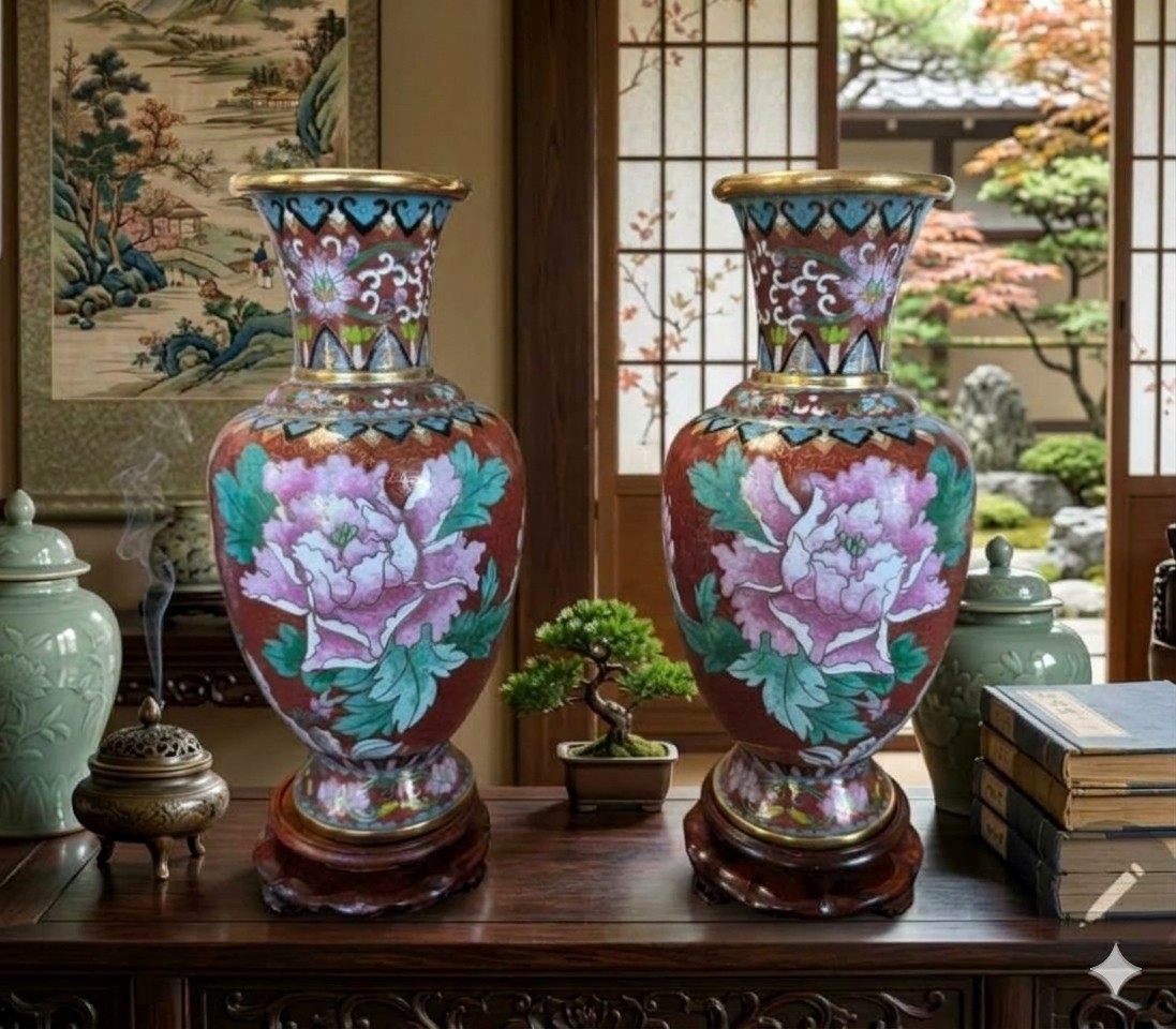 Pair Chinese Cloisonne Enamel Floral Vase w/ Wood Stands & Storage Box Vintage Pair Chinese Cloisonne Enamel Floral Vase w/ Wood Stands & Storage Box Vintage