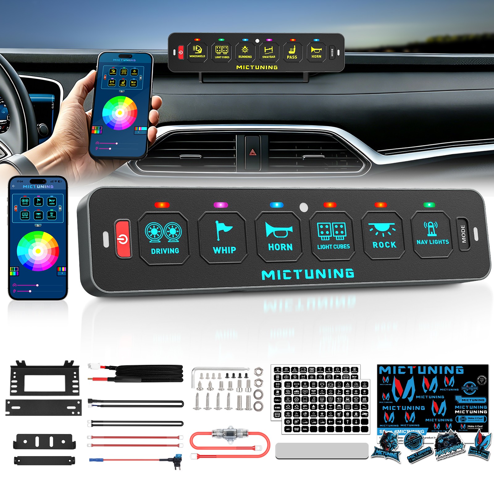 MICTUNING Slim 6-Gang RGB Switch Panel, Circuit Control Relay System Box w/APP MICTUNING Slim 6-Gang RGB Switch Panel, Circuit Control Relay System Box w/APP