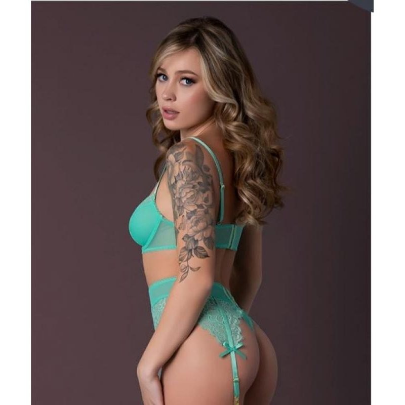 Magic Silk Caribbean Crush Demi Bra Garter Thong Set Aqua L/XL