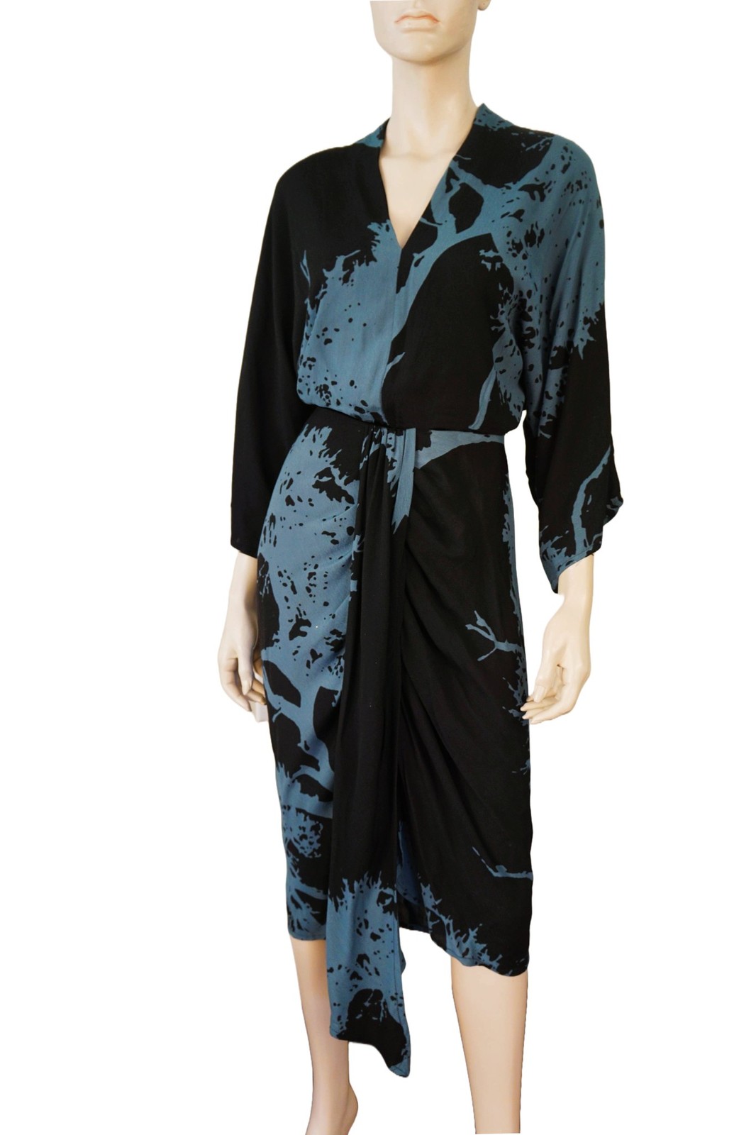 BEL KAZAN sz M Asymmetric Draped Nature PrintBlack Crepe Midi Dress