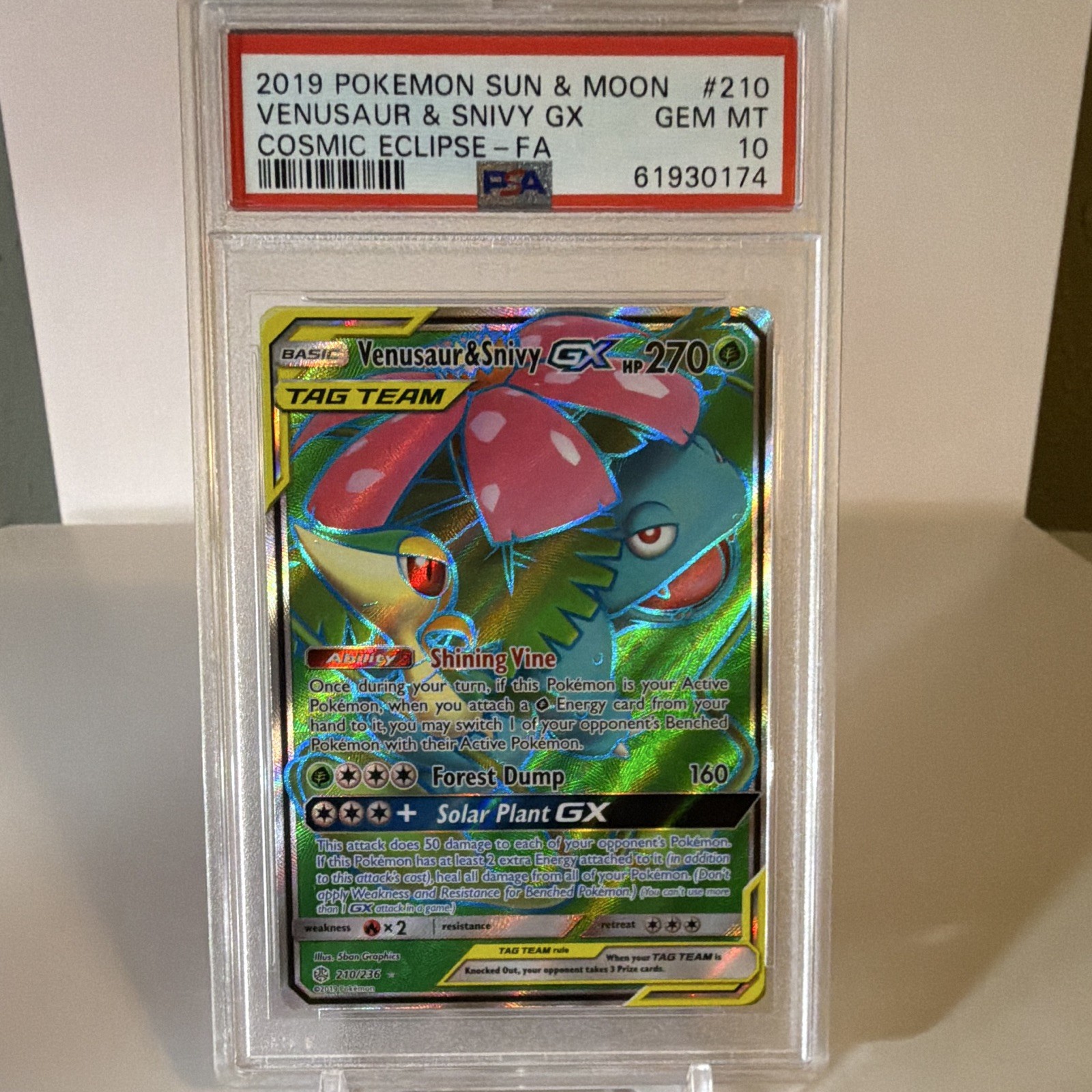 Pokemon Venusaur & Snivy GX (Full Art) 210/236 Cosmic Eclipse Holo PSA 10