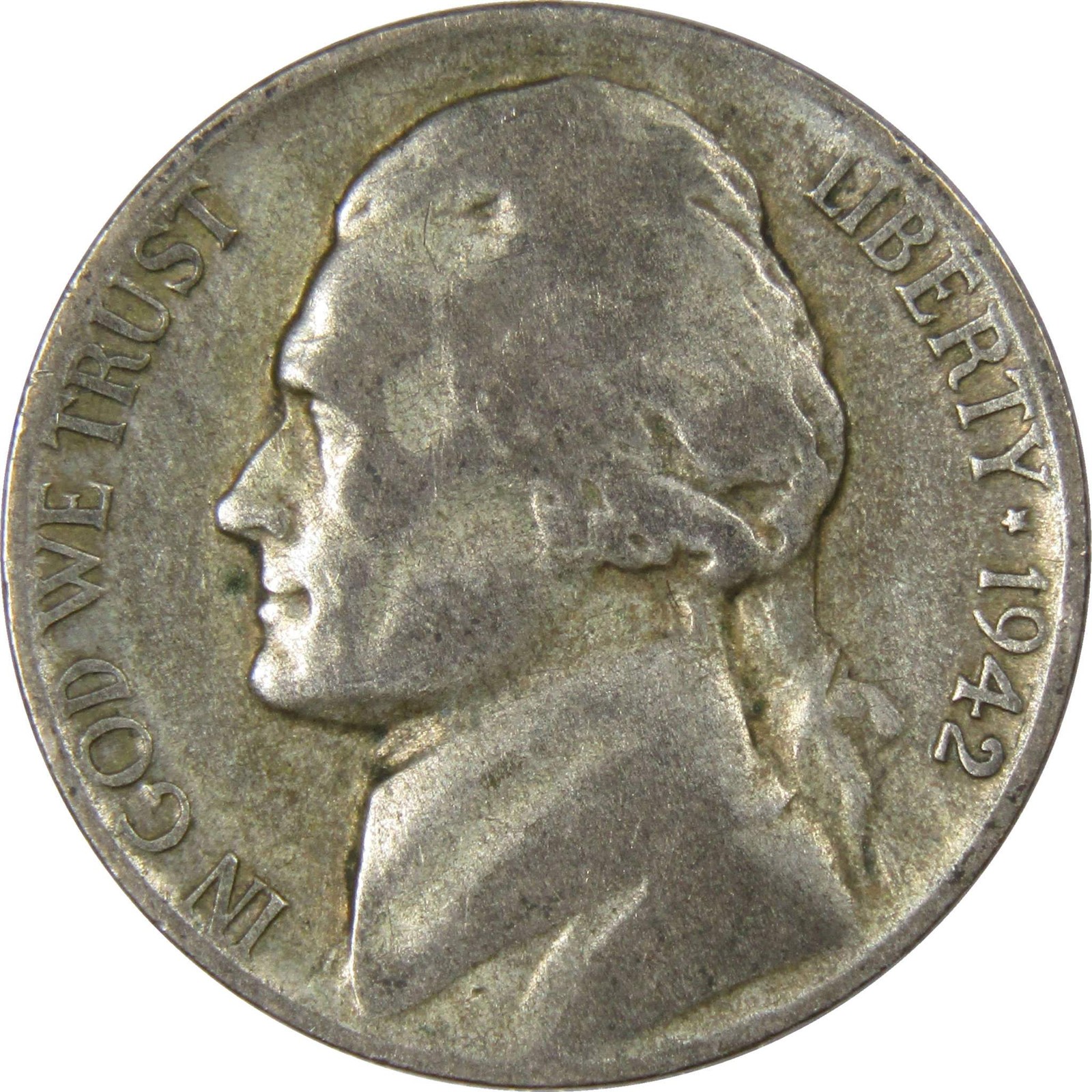 1942 P Jefferson Wartime Silver Nickel Circulated 5c Coin Collectible