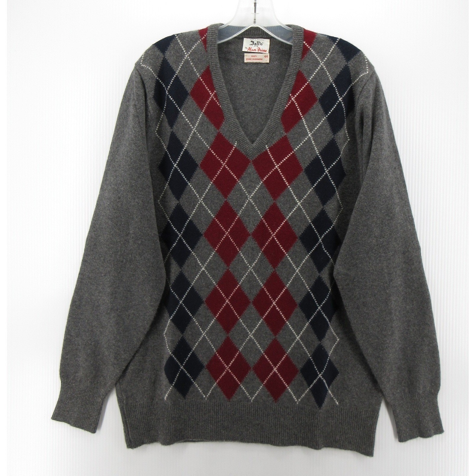 VGT Alan Paine Sweater Men 44 Gray Cashmere Argyle Diamond England Large 60s 70s