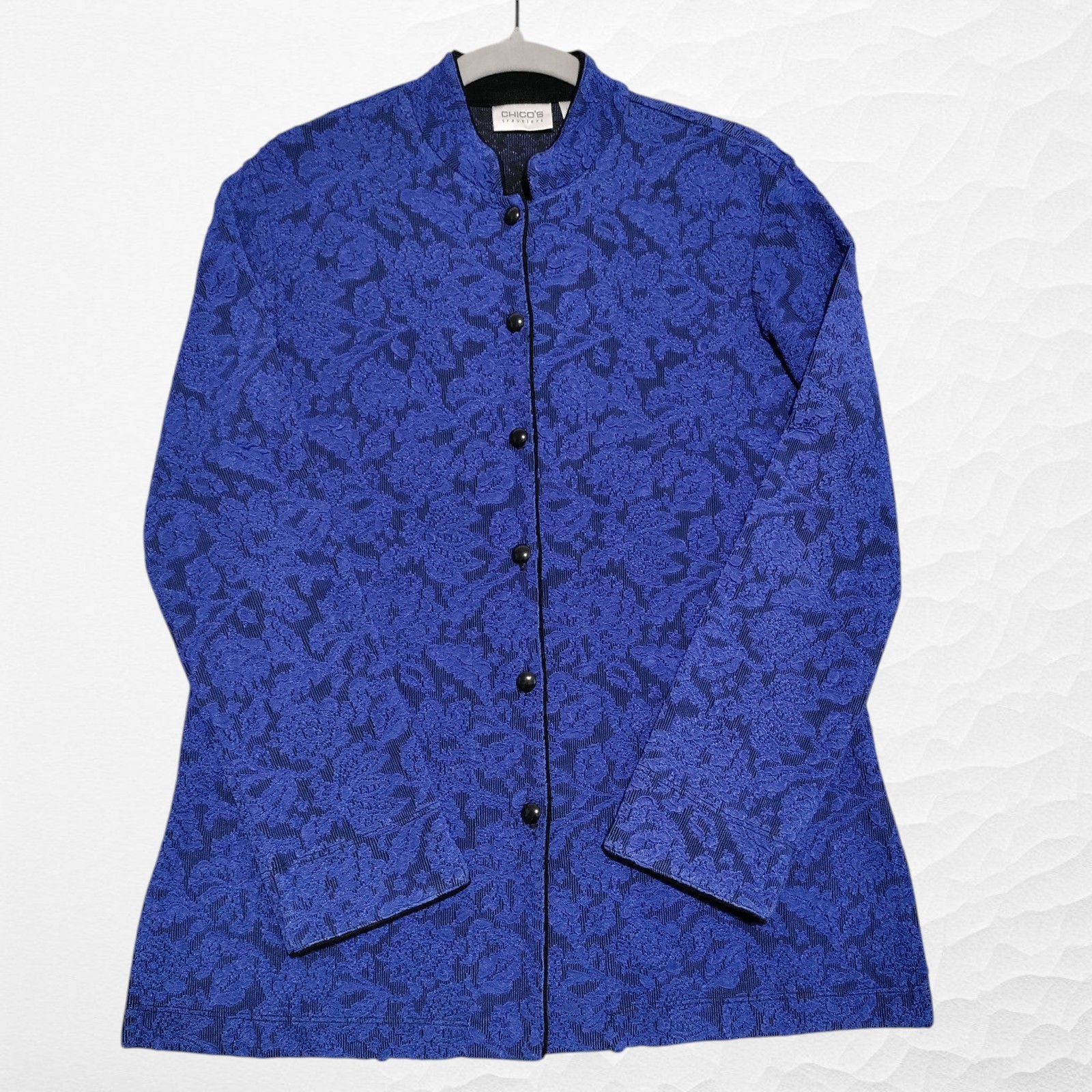 Chicos Travelers Size 0 (Small/4) Jacquard Button Up Blouse Jacket Blue Made USA