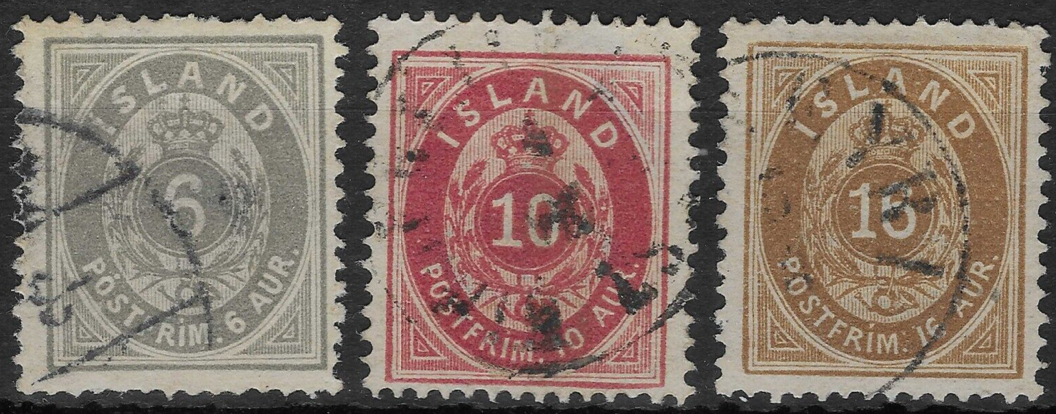 ICELAND 1876-95. 6a, 10a, 16a. FINE USED.  SG. 15a, 16c, 17a.    (C148)
