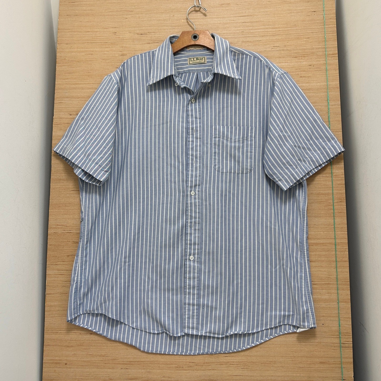 Vintage LL Bean Mens 17.5 Blue White Striped Oxford Short Sleeve Shirt USA Made