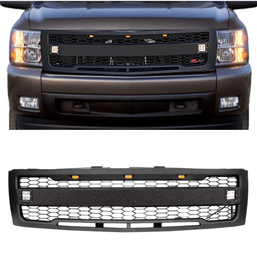 Black Front Grill for 2007-2013 Chevy Silverado 1500 Grille w/Lights and Letter