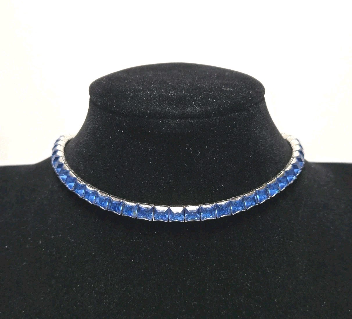 Glamorous Vintage Art Deco Style 30s Blue Square Rhinestone Choker Necklace \
