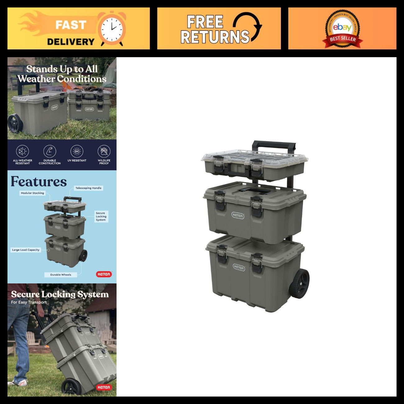 3-Piece Rolling Outdoor Gear Organizer - Stackable Storage System for Easy Trans