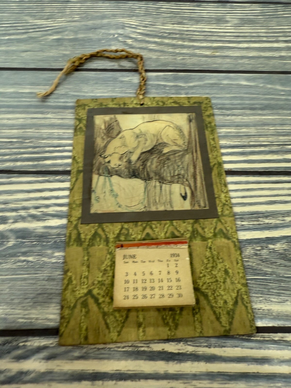 Vintage 1934 Lithograph Wall Calendar With Sleeping Dog Illustration