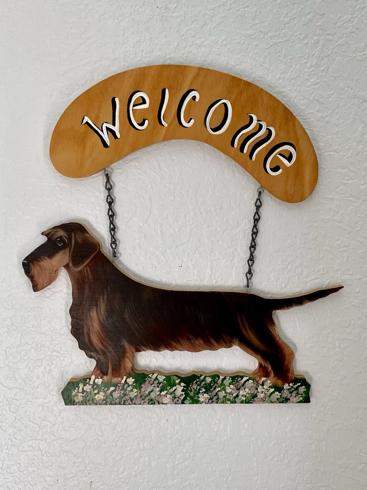 Vintage Hand Painted Wooden Wire Haired Dachshund Dog Welcome Sign Wall Decor Vintage Hand Painted Wooden Wire Haired Dachshund Dog Welcome Sign Wall Decor
