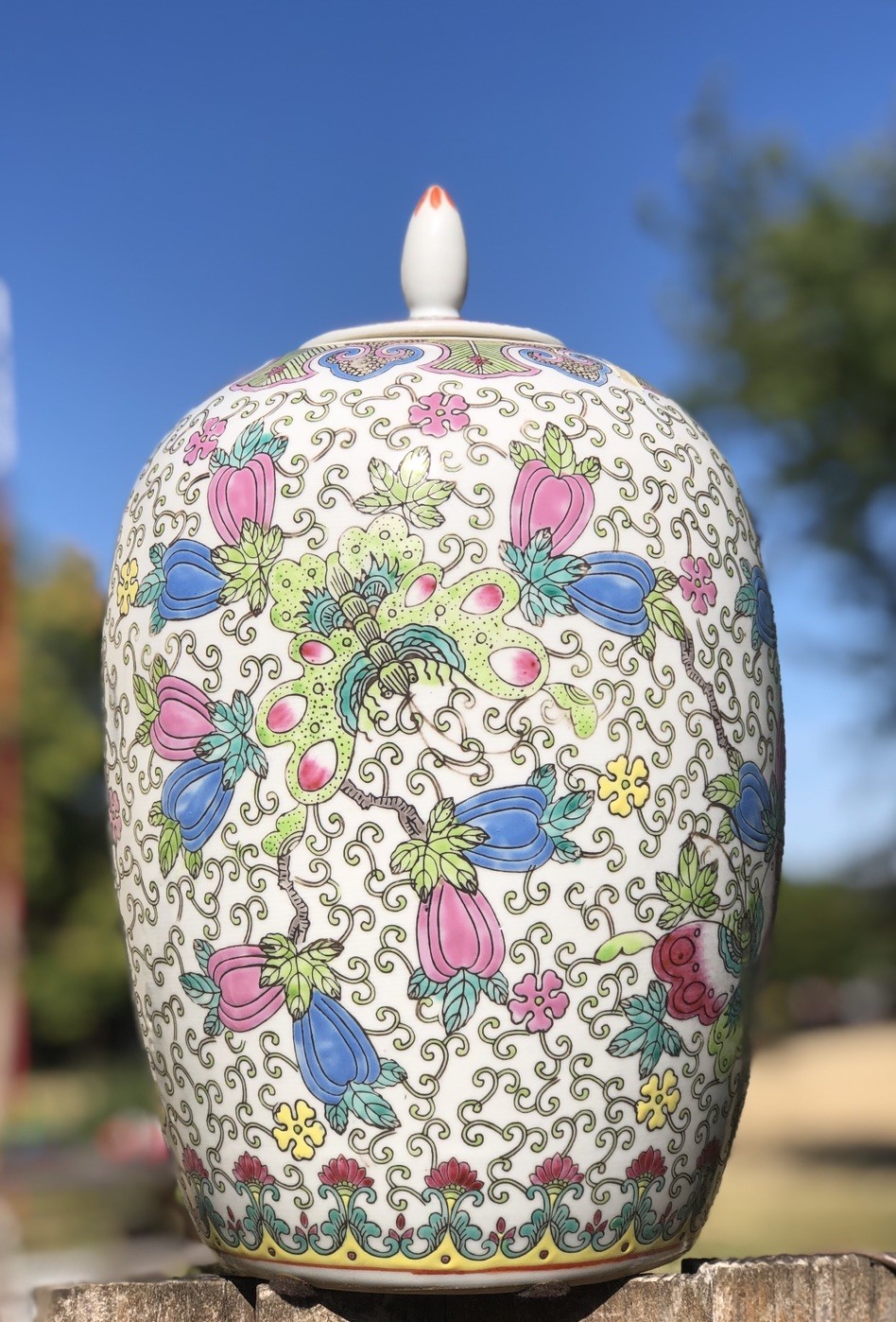 Vintage Chinese Famille Rose 13 1/2” Lidded Vase with Butterflies And Flowers