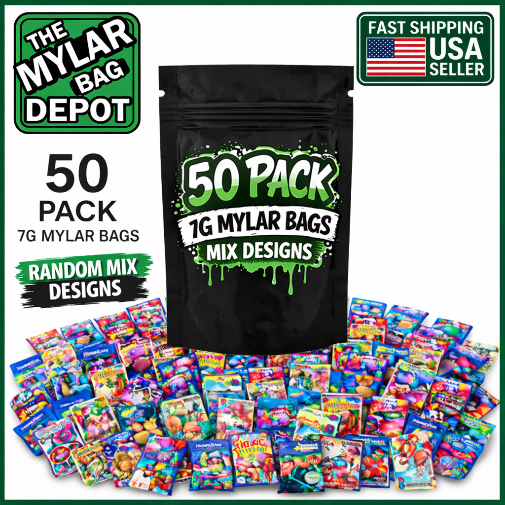 50 Pack 7g Mylar Bags Assorted Designs Smell Proof Resealable Zip Pouches