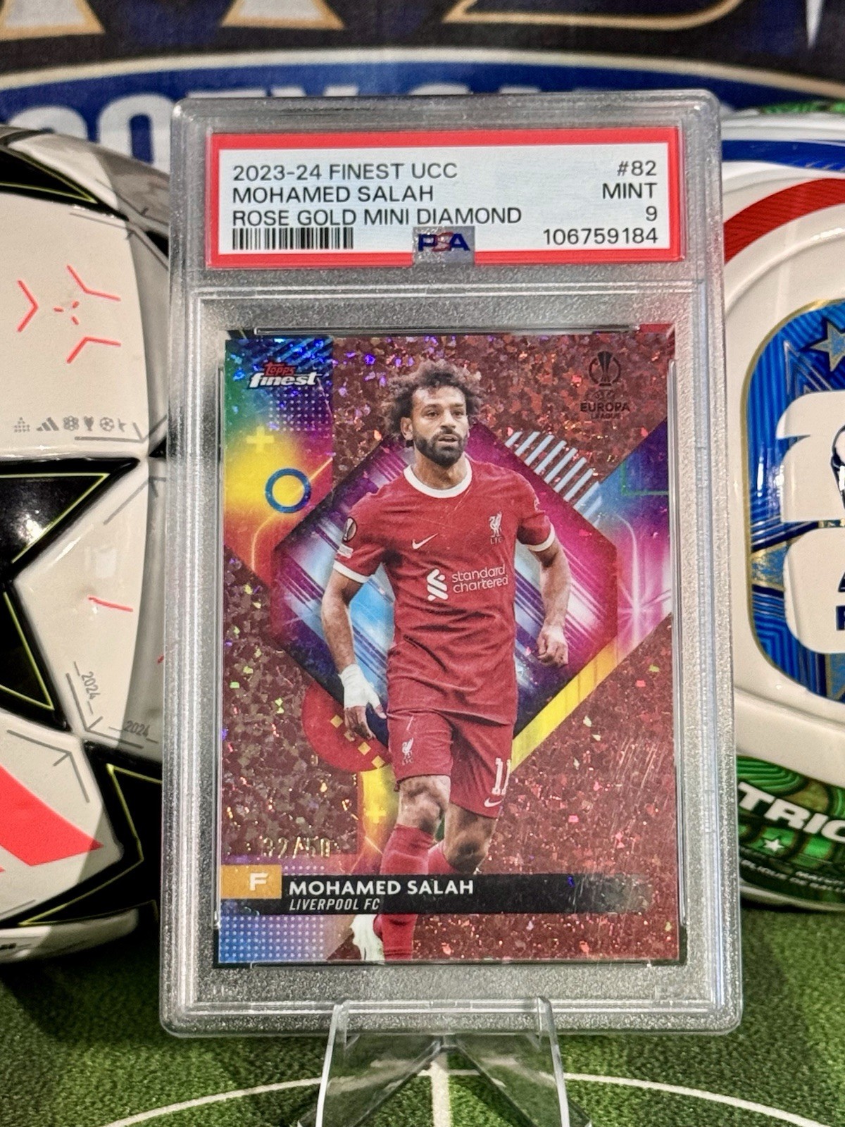2023-24 Topps Finest UCC Mohamed Salah #82 Rose Gold Mini Diamond PSA 9 2023-24 Topps Finest UCC Mohamed Salah #82 Rose Gold Mini Diamond PSA 9