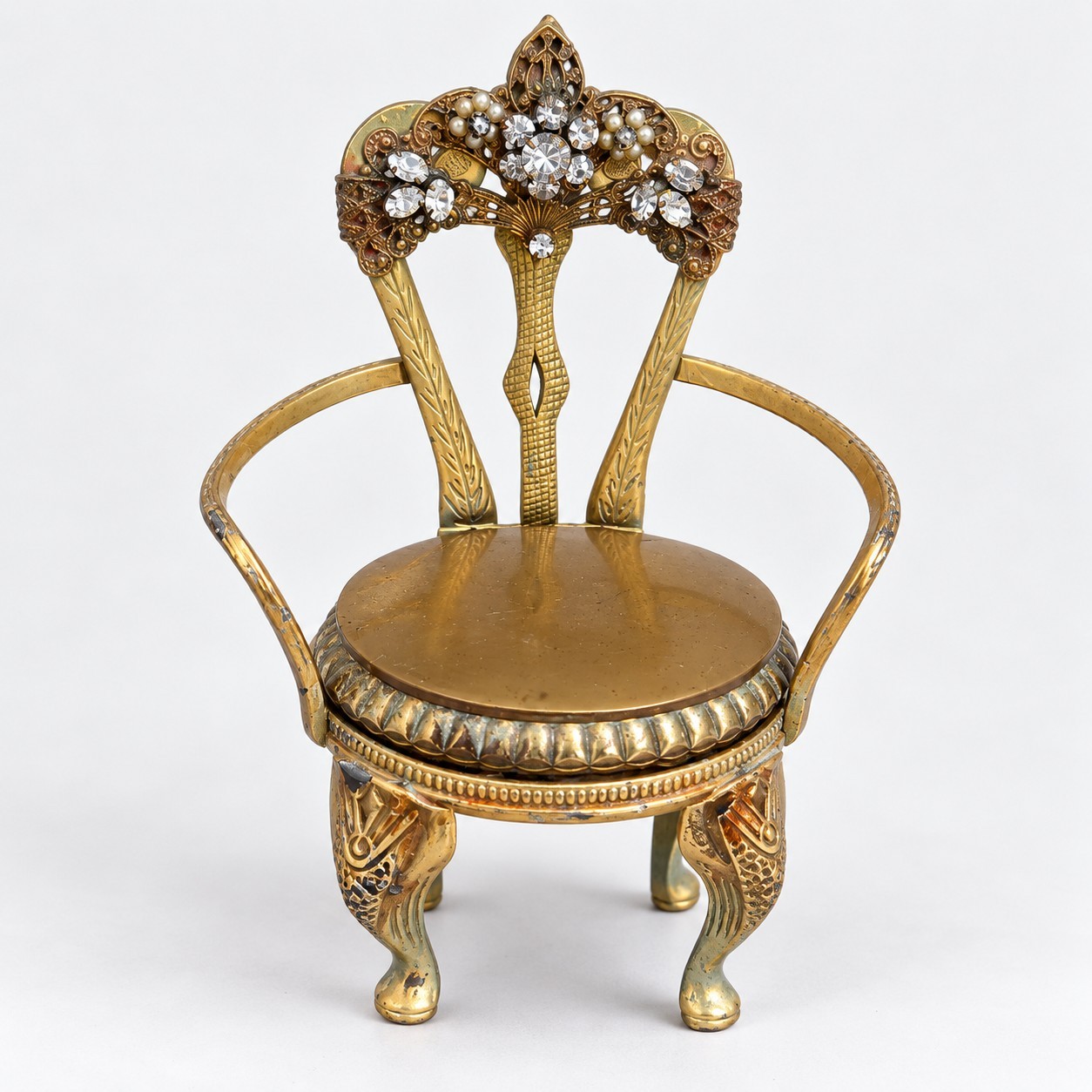 Robert Originals GoldTone Rhinestones & Pearls Power Compact Chair Vtg 40's RARE