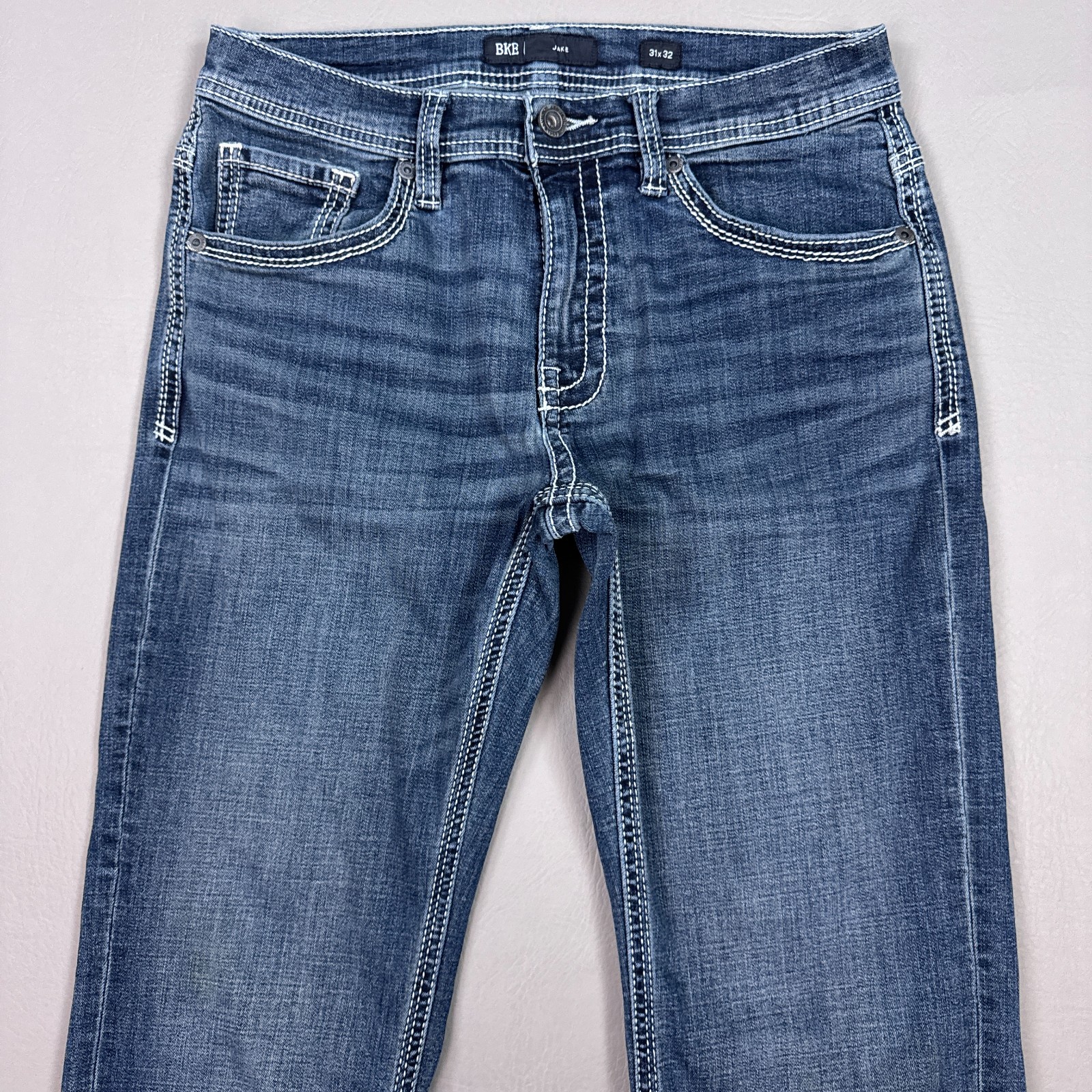 BKE Jeans Mens 31x32 Blue Jake Buckle Pants Faded Embroidered Stretch Distressed BKE Jeans Mens 31x32 Blue Jake Buckle Pants Faded Embroidered Stretch Distressed