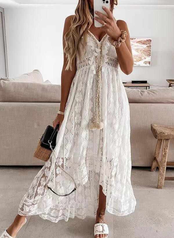 Women\'s Crochet Lace Maxi Dress Spaghetti Strap V Neck Cami Beach Boho Sundress