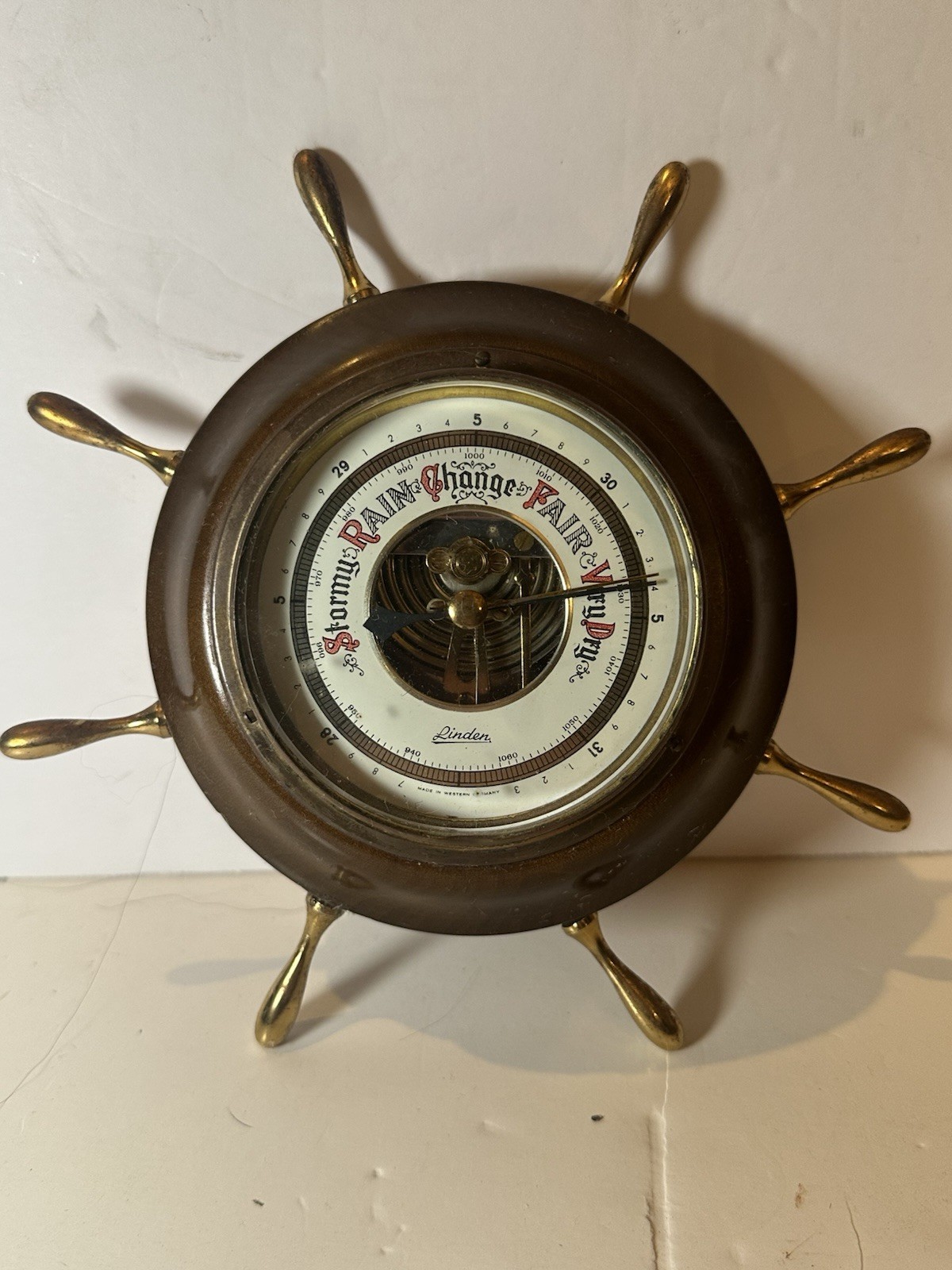 Vintage Linden Ship Wheel Weather Barometer. Made In West Germany 8 Vintage Linden Ship Wheel Weather Barometer. Made In West Germany 8
