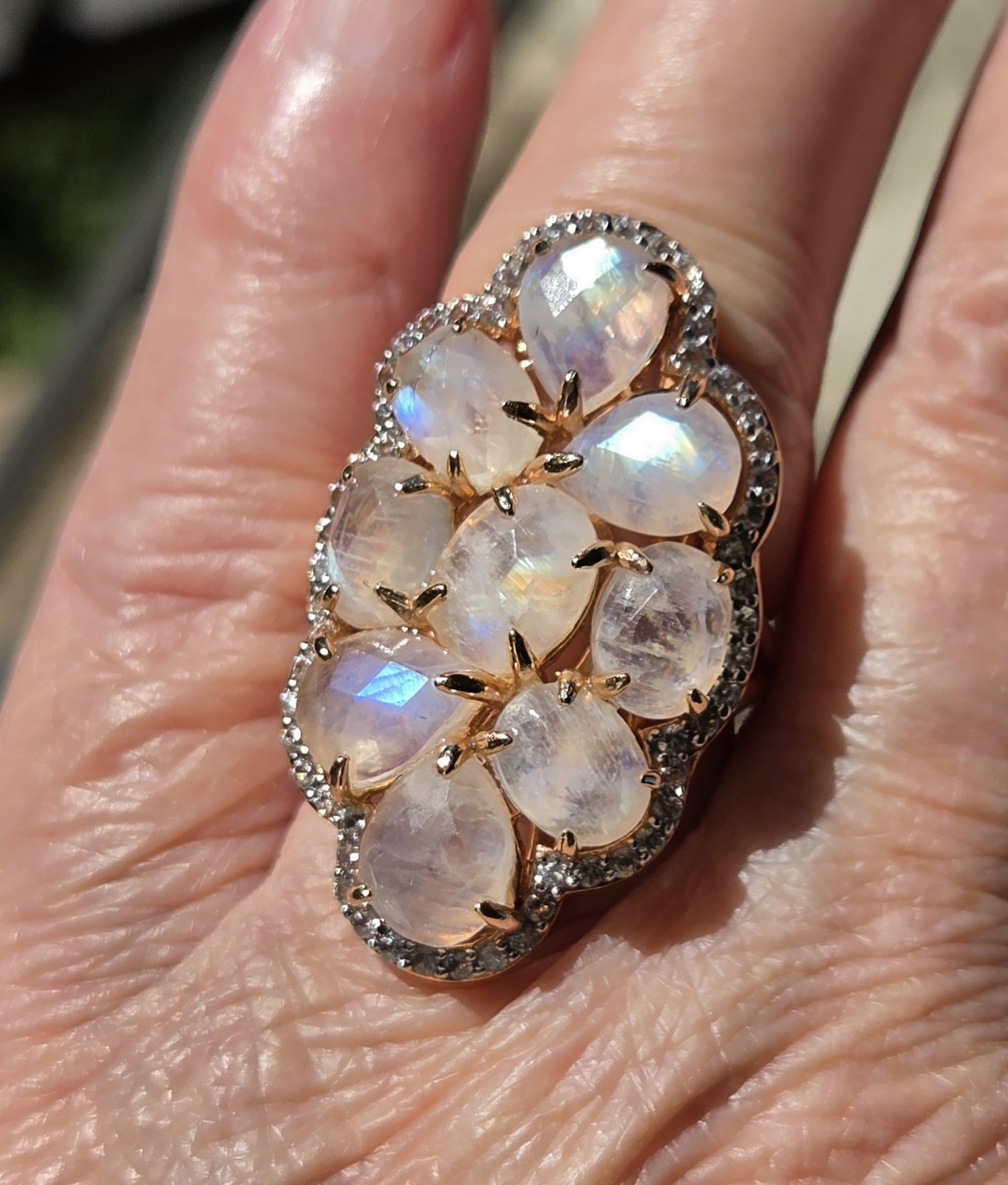 Rarities Carol Brodie Large Rainbow Moonstone Cluster Ring Rose Gold Size 8 Rarities Carol Brodie Large Rainbow Moonstone Cluster Ring Rose Gold Size 8