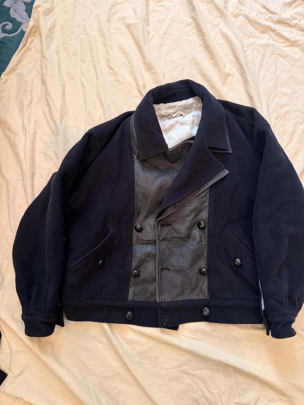 Vintage G. Gucci Navy Wool & Leather Double-Breasted Jacket Size 46 Italy Men\'s Vintage G. Gucci Navy Wool & Leather Double-Breasted Jacket Size 46 Italy Men\'s