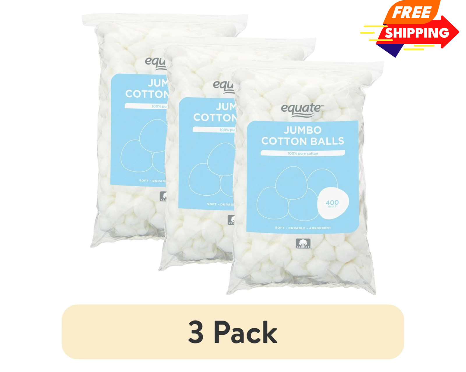 Equate Jumbo Cotton Balls, 400 Count each - 3 Pack - 