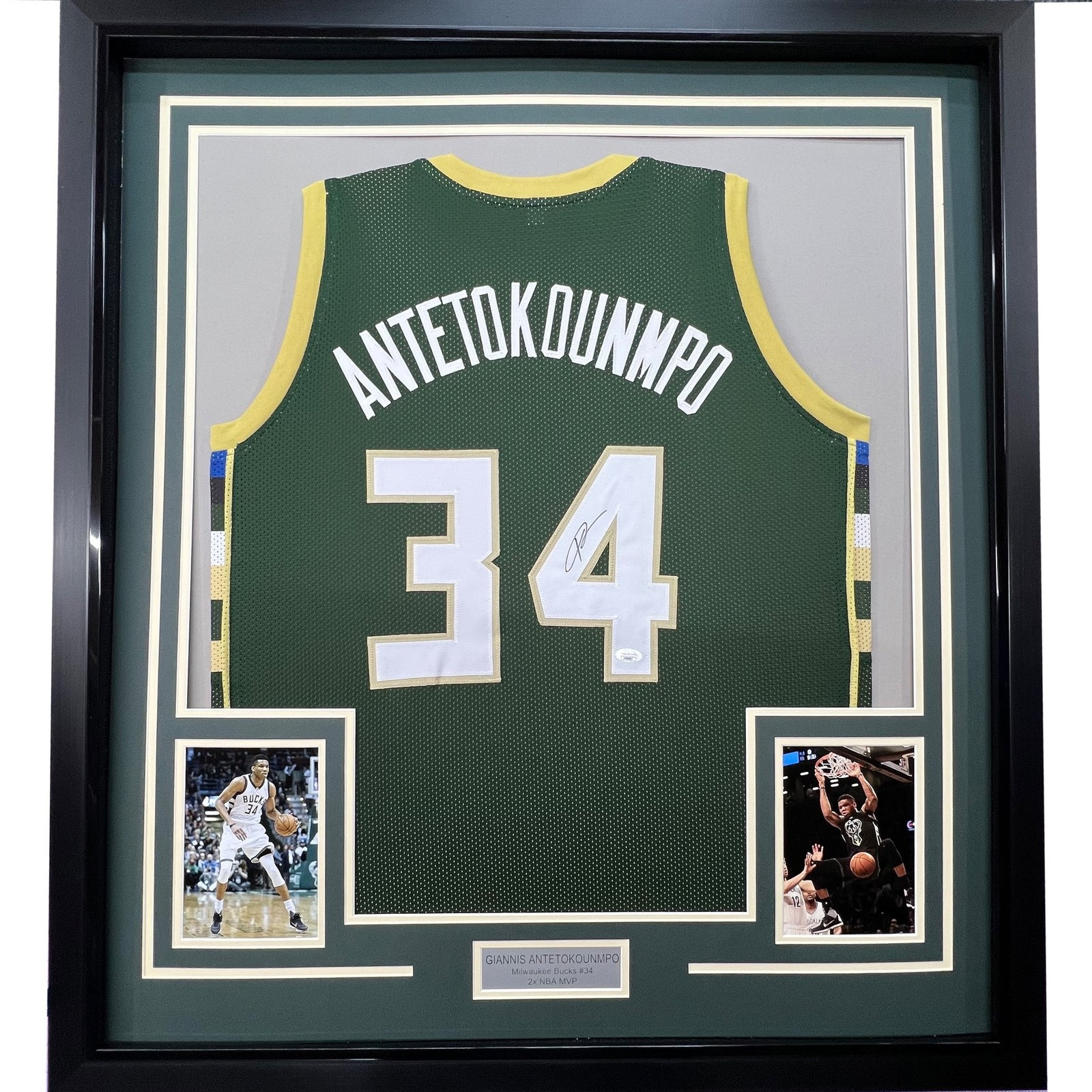 Framed Autographed/Signed Giannis Antetokounmpo 35x39 Green Jersey JSA COA Framed Autographed/Signed Giannis Antetokounmpo 35x39 Green Jersey JSA COA