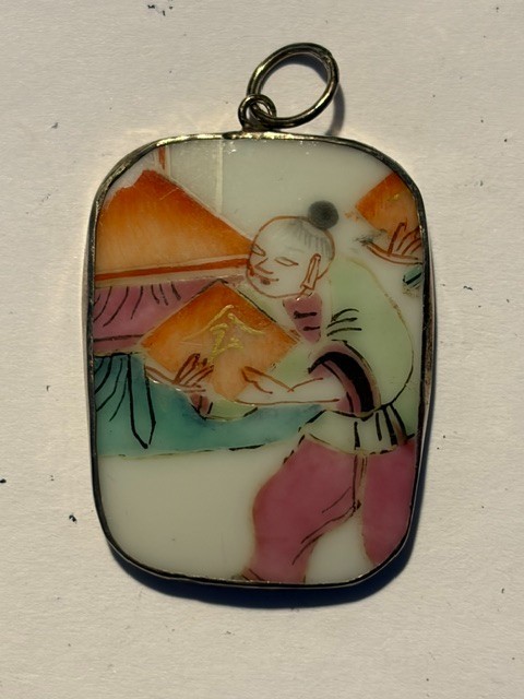 Vintage Chinese Hand Painted Porcelain & Silver Pendant Vintage Chinese Hand Painted Porcelain & Silver Pendant