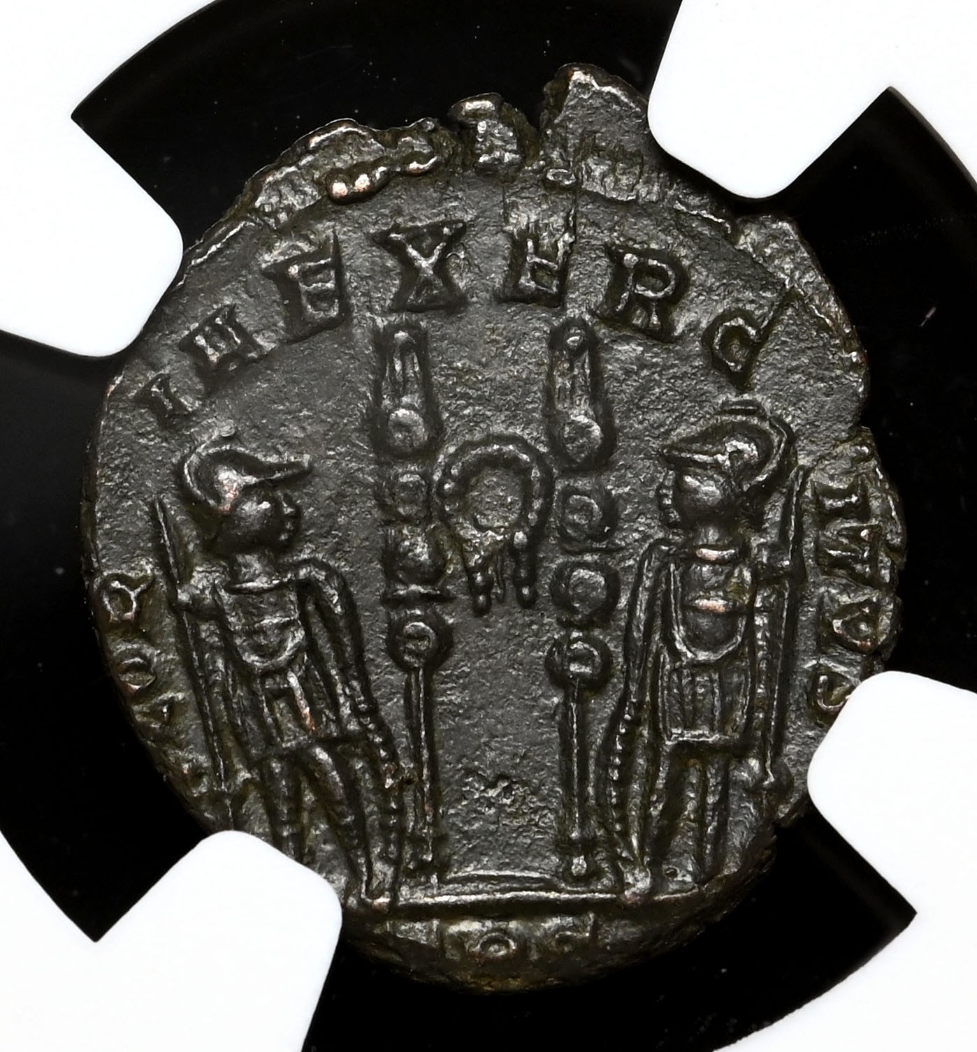 ROMAN EMPIRE. Constantine II, AD 337-340. Æ Nummus, Soliders, NGC Choice AU ROMAN EMPIRE. Constantine II, AD 337-340. Æ Nummus, Soliders, NGC Choice AU