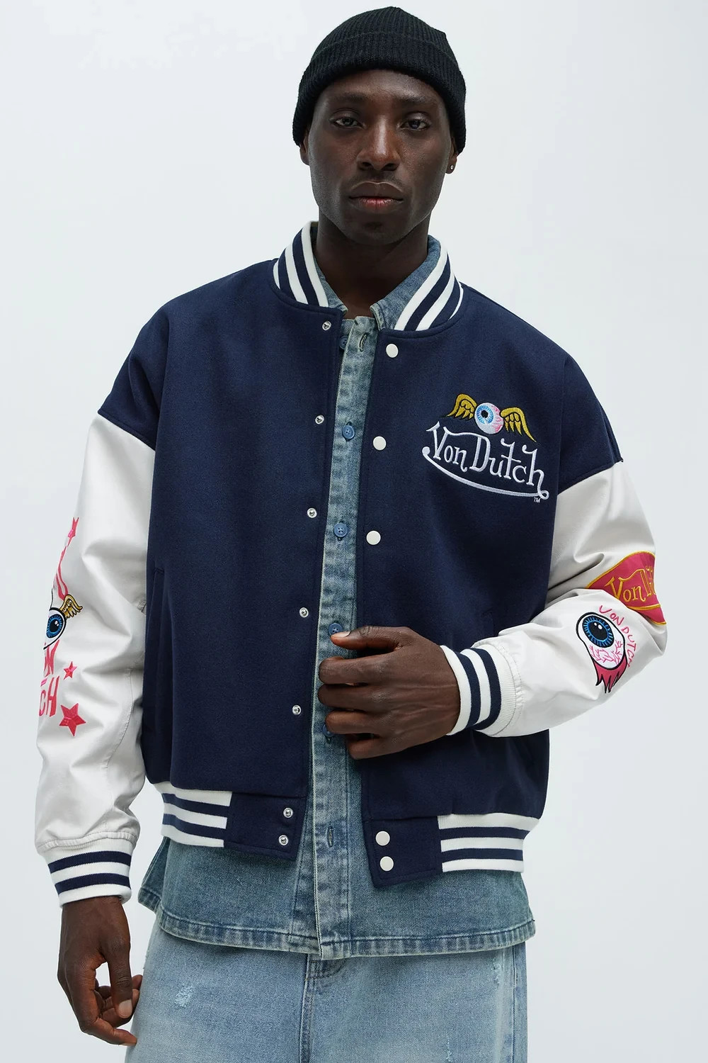 Von Dutch Men Bomber Jacket Eyeball Print Puffer Navy Size Medium Von Dutch Men Bomber Jacket Eyeball Print Puffer Navy Size Medium