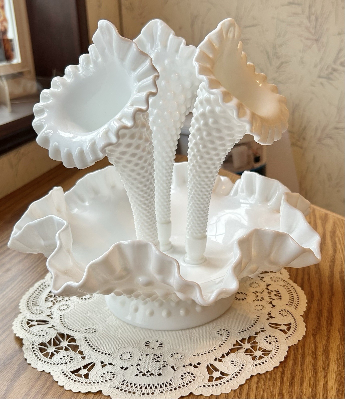 Fenton White Milk Glass Hobnail Ruffled Epergne Centerpiece Vintage