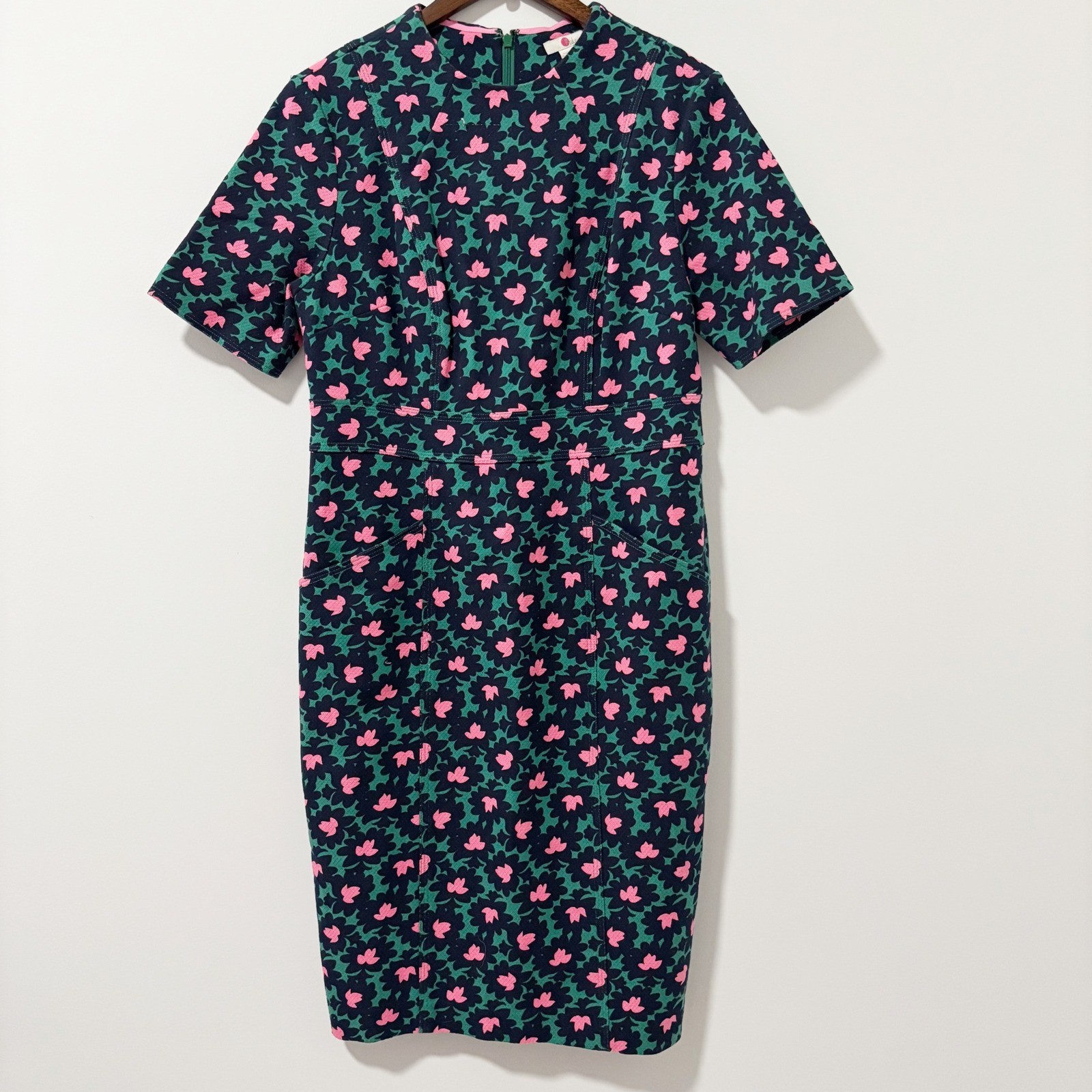 Boden Sheath Dress Womens 10 Green Pink Floral Short Sleeve Textured Pockets