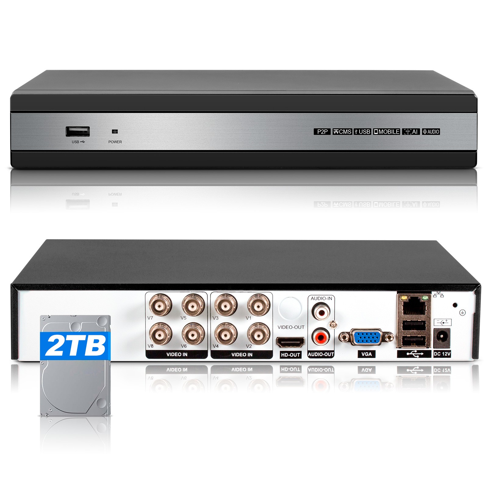 6‑in‑1 8CH H.265+ Hybrid DVR 2TB HDD Multi‑Format Security Camera Compatible