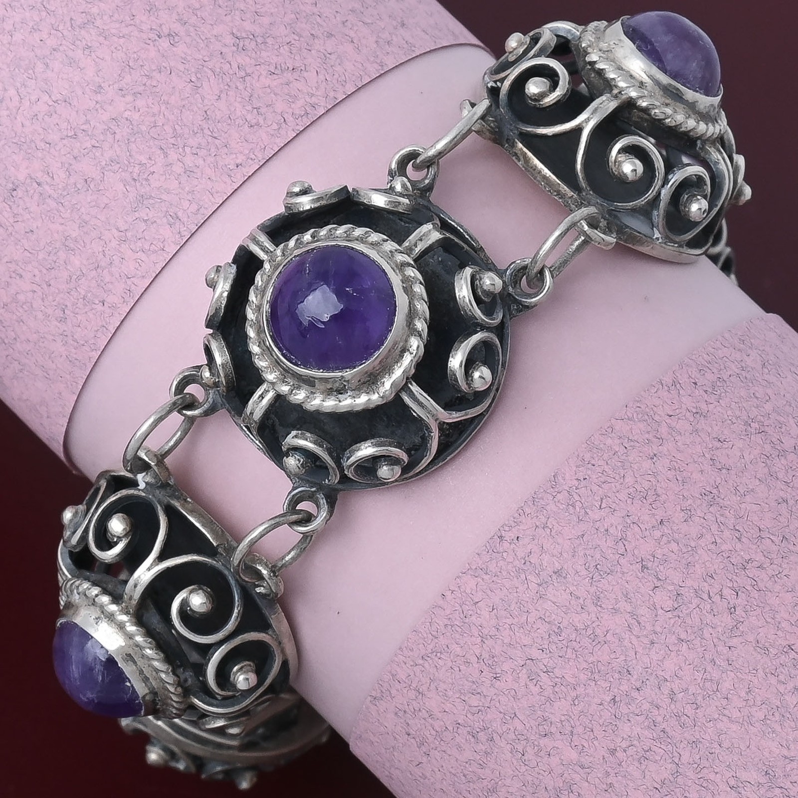 Vtg 1940s Early Mexican Natural Amethyst Sterling Silver ShadowBox Bracelet