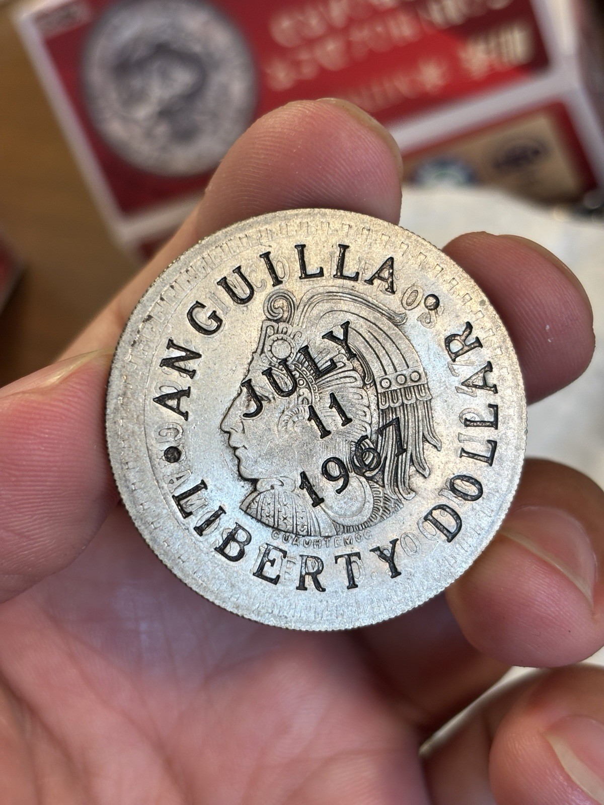 ANGUILLA LIBERTY DOLLAR 1967 C/S ON MEXICO 5 PESOS Countermark Silver Coin ANGUILLA LIBERTY DOLLAR 1967 C/S ON MEXICO 5 PESOS Countermark Silver Coin