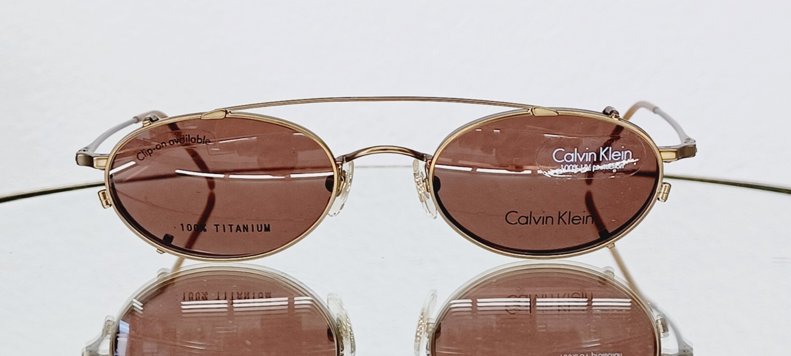 Vintage CALVIN KLEIN Eyeglasses CK516 053 w/ Sun Clip On 48-20 Titanium Brass