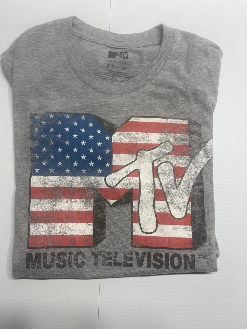 MTV Music Television Shirt Small American Flag Logo USA Gray Retro 90s 