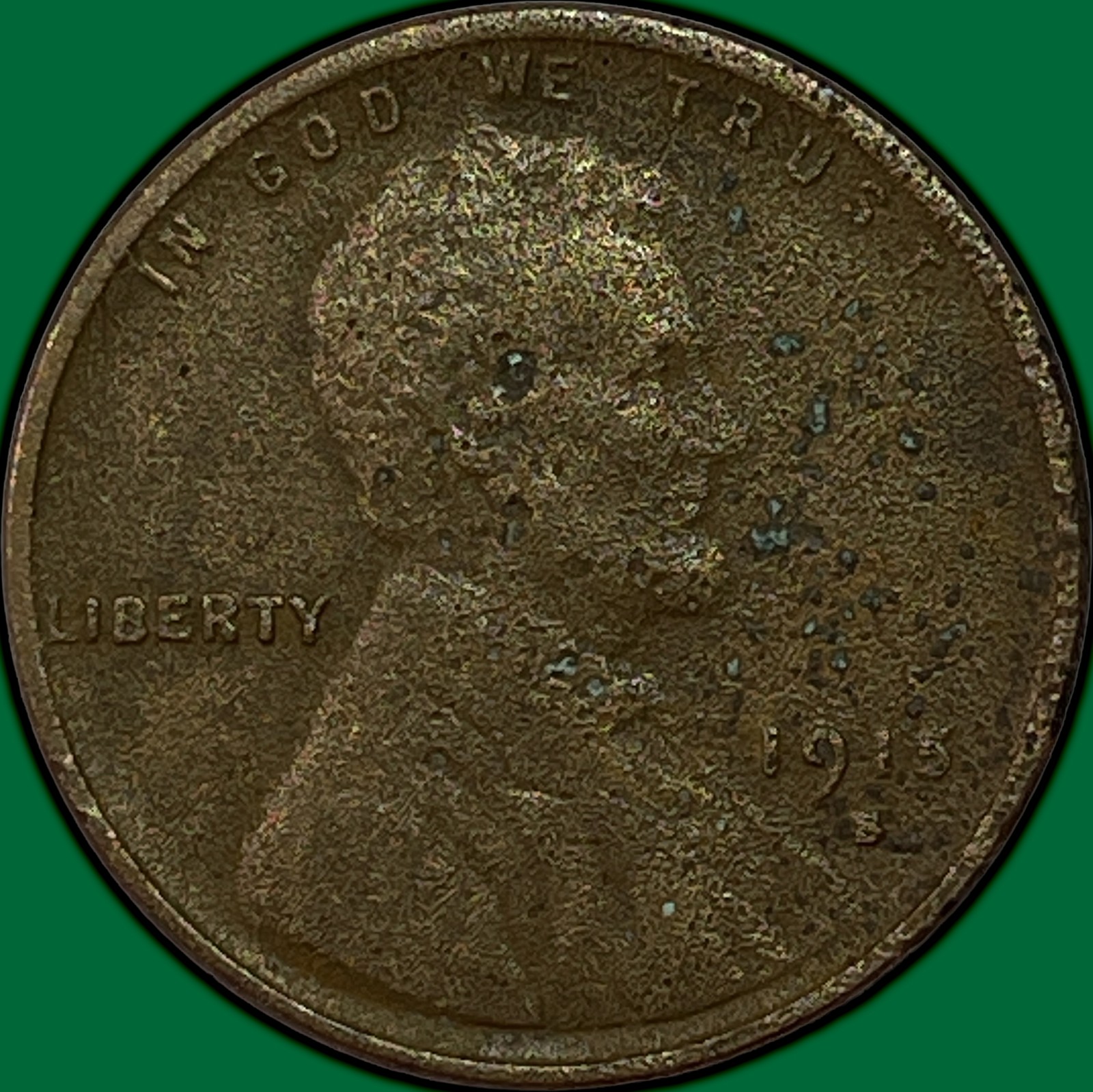 1915-S Lincoln Wheat Cent Almost Uncirculated AU Coin, Corroded #49532
