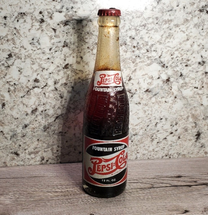 Vintage Pepsi-Cola Fountain Syrup 12 Fl Oz Full Glass Bottle Duraglas 1940's