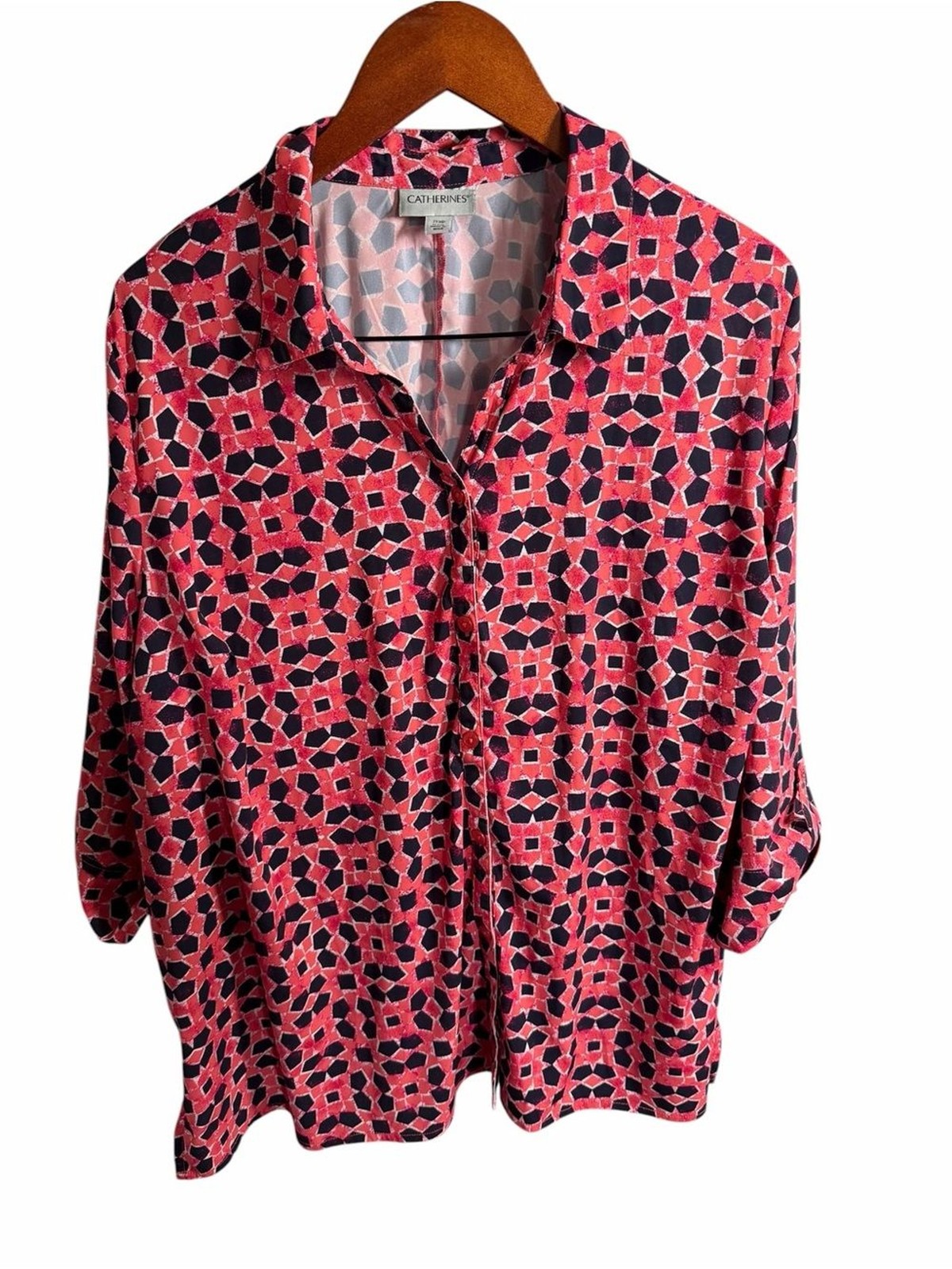 Catherines Pink & Navy Geometric Button-Front Shirt 2XWP Catherines Pink & Navy Geometric Button-Front Shirt 2XWP