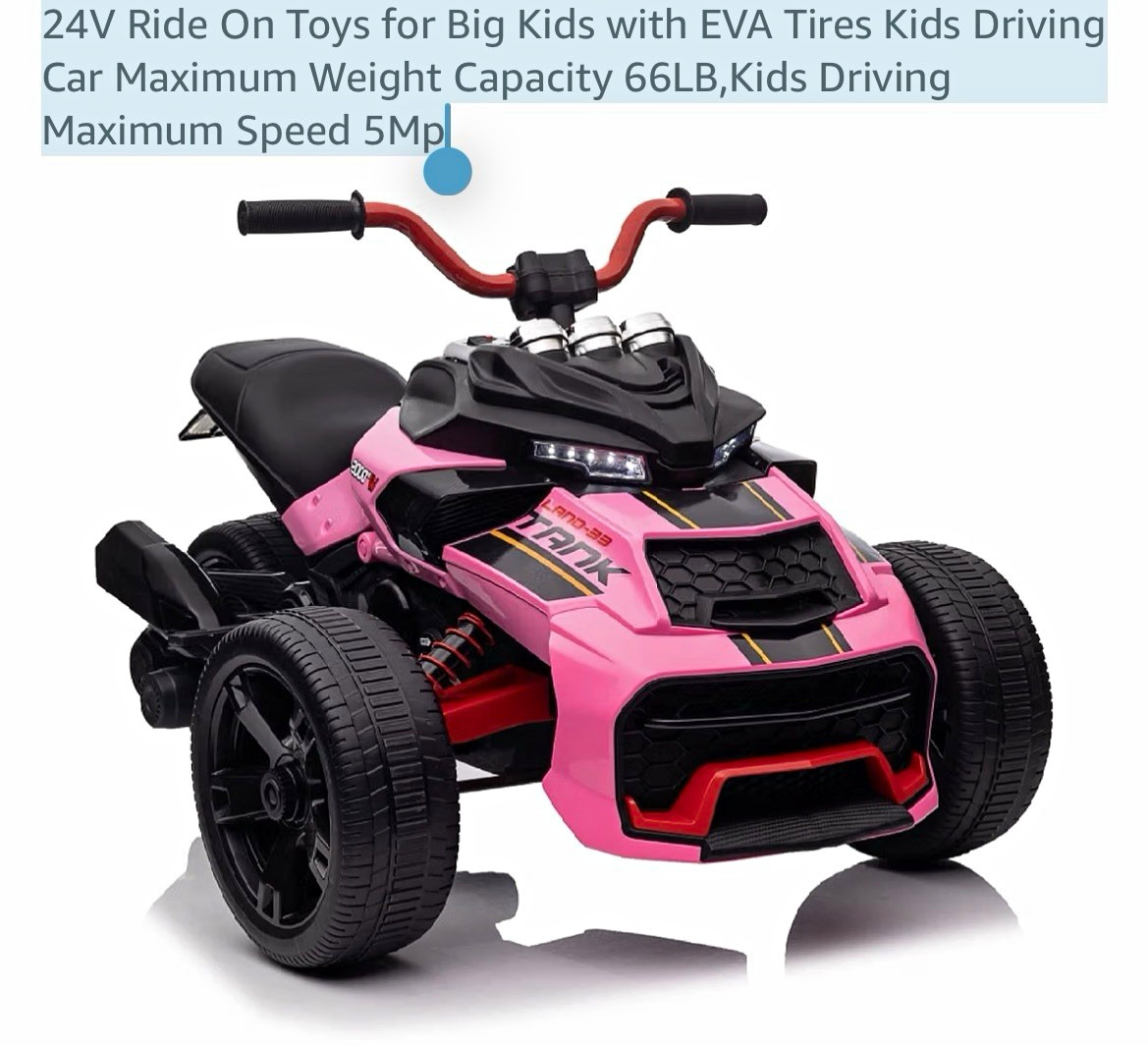 24V Kids Electric Ride-On 3-Wheel ATV Motorcycle, Pink/Black, Ages 4-8