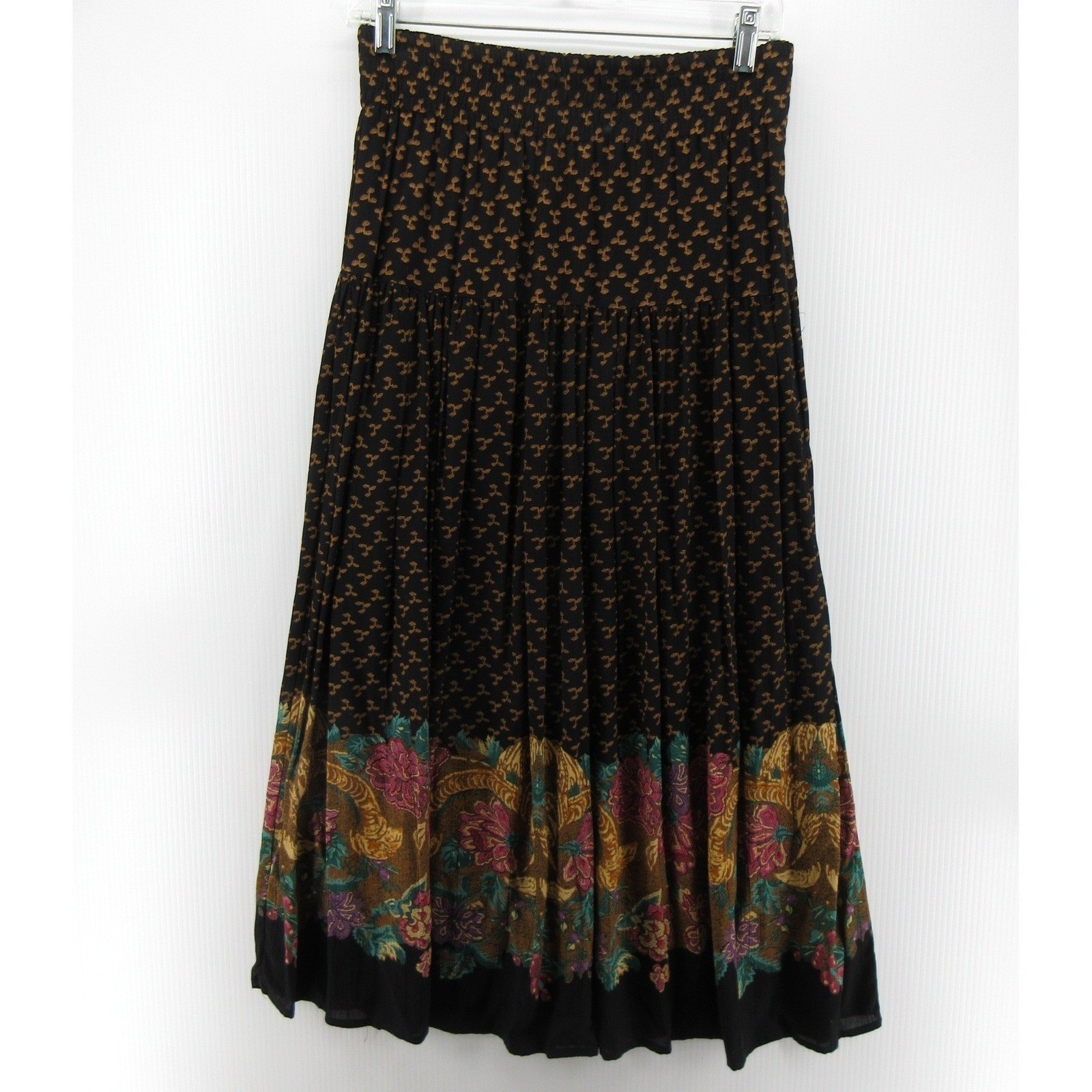 VINTAGE Carole Little Skirt Women 10 Black Floral Rayon Gauze Maxi 90s Boho USA