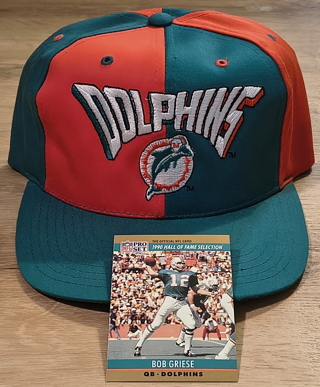 Vintage 90s Miami Dolphins Snapback Hat Retro Aqua Orange NOS + Griese Card