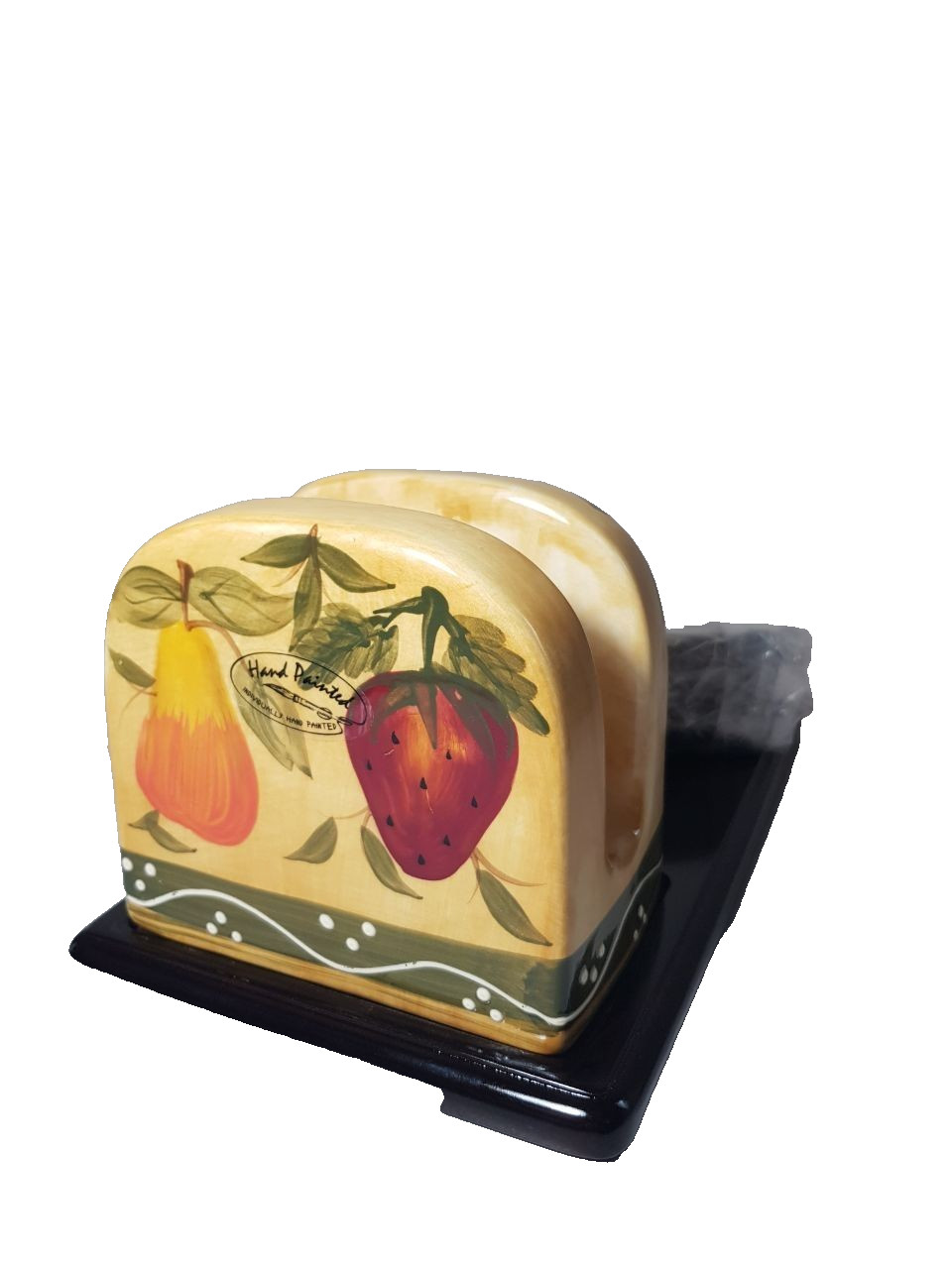 Casa Vero by ACK Mixed Fruit Ceramic Napkin Holder Wood Base Set 2 Pc 88477 Vint