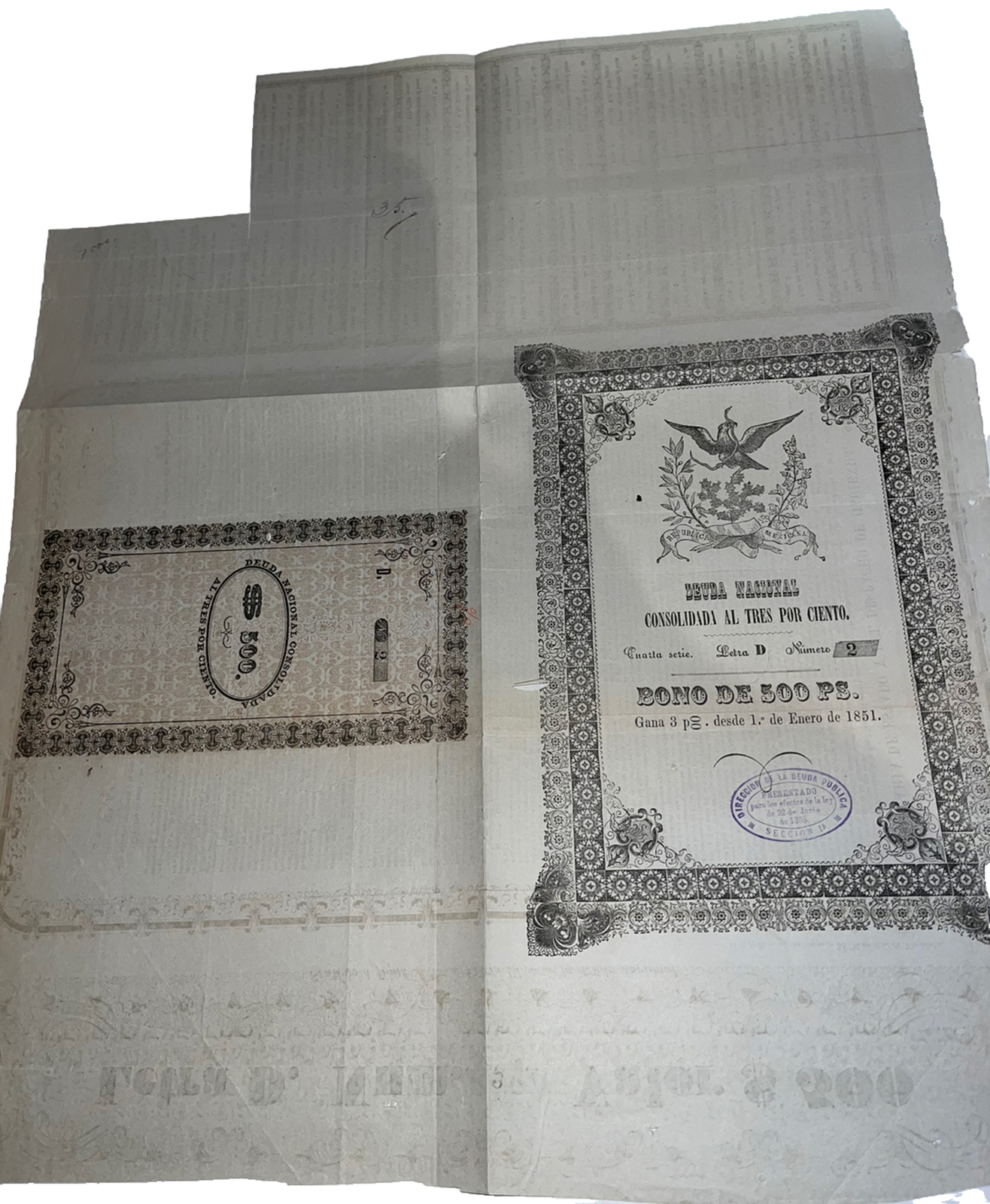 Mexico Bond Deuda Nacional Consolidada 3% 500 Pesos 1851 Signed Guillermo Prieto