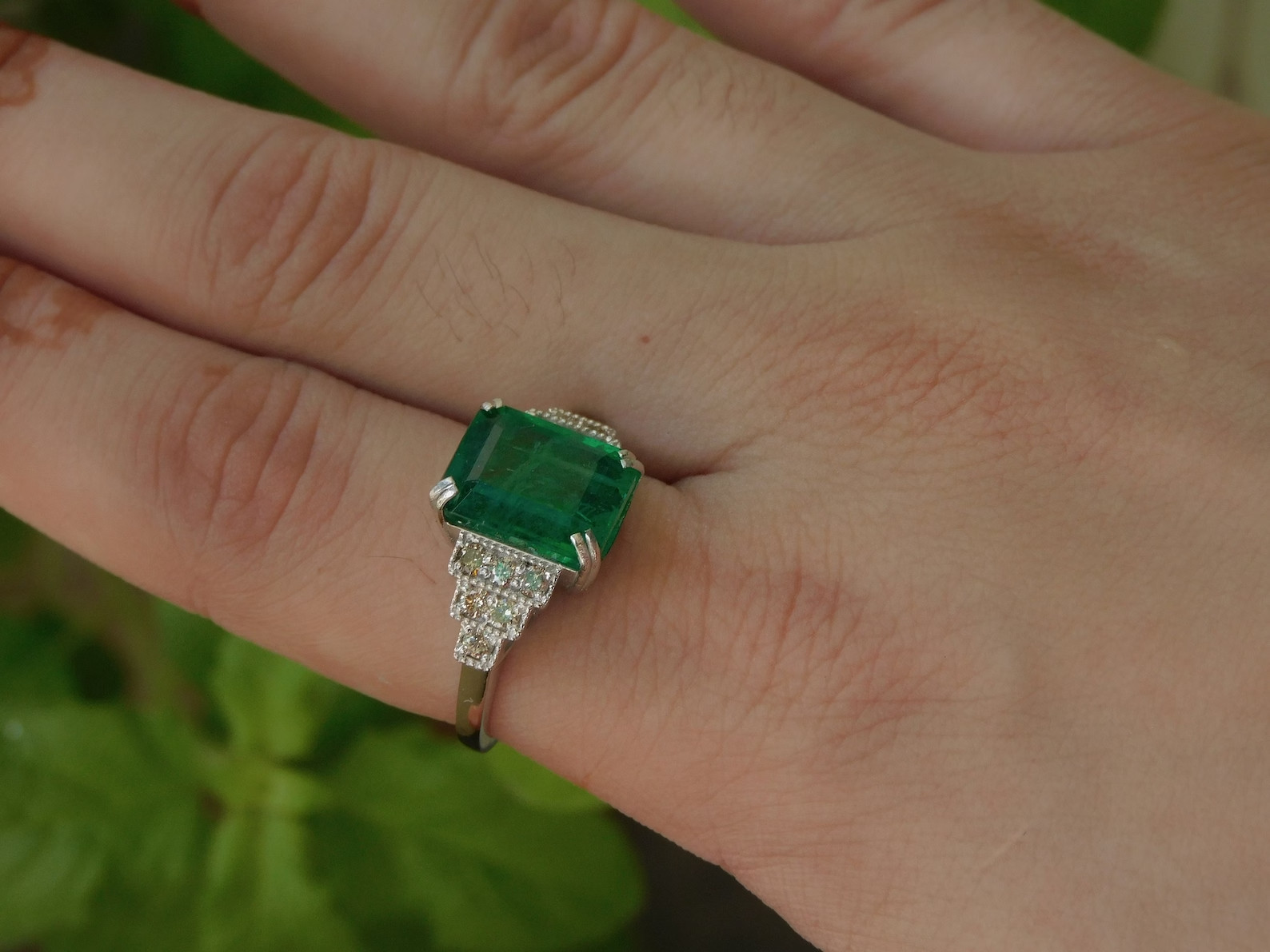 4.18 Ct Natural Emerald Diamond Engagement Wedding Ring 14K White Gold Size 5