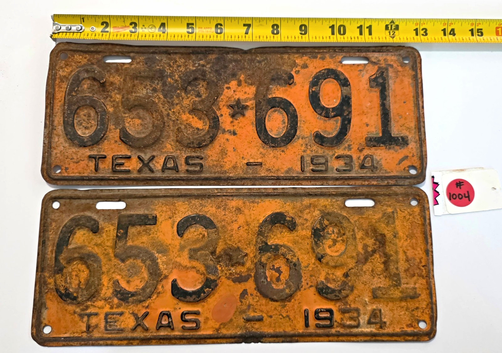 Pair Vintage Texas License Plates Lot of 2 -  1934