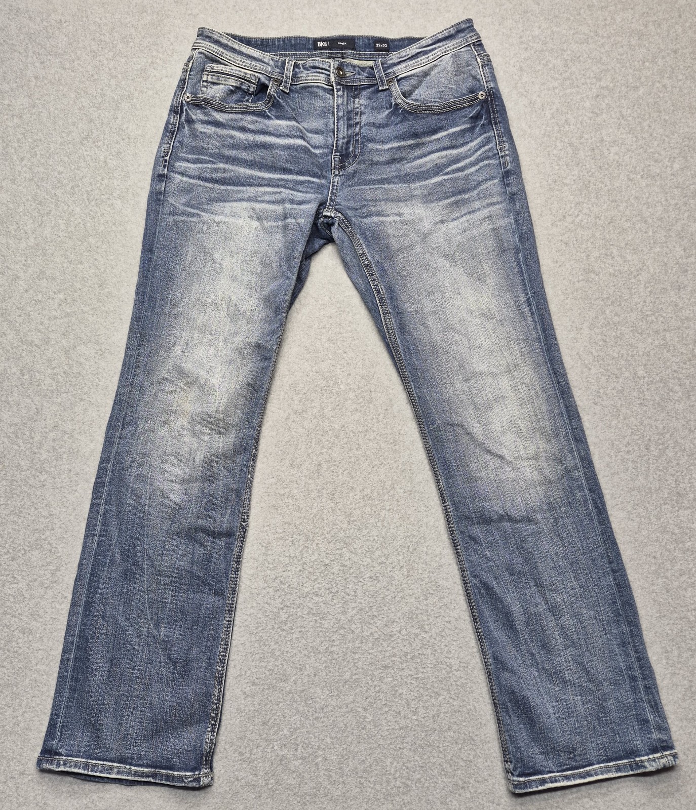 BKE Derek Jeans Mens 32x32 Blue Distressed Bootcut Thick Stitch Flap Pockets