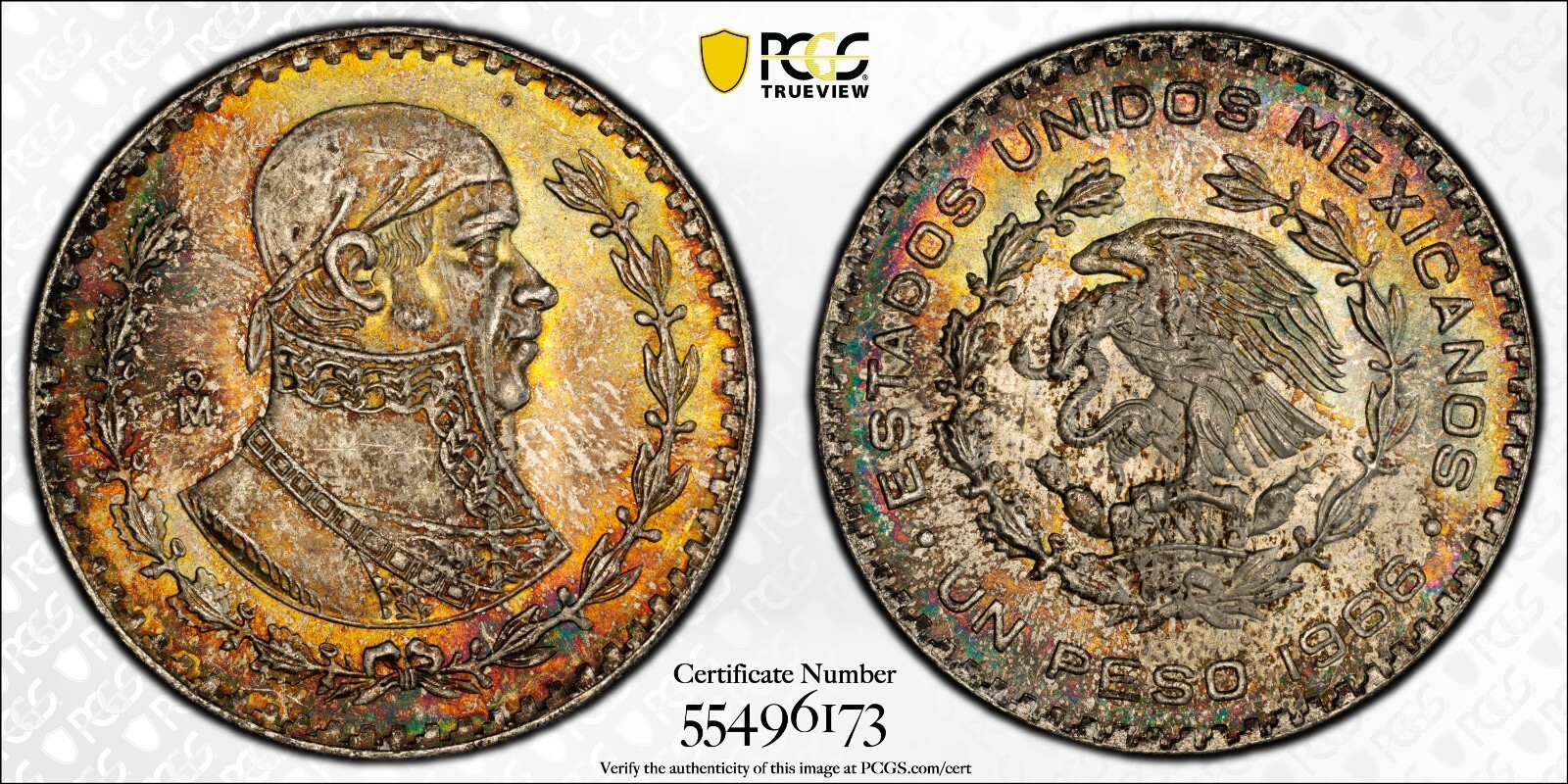 MS66 1966-Mo Mexico Silver 1 Peso, PCGS Trueview- Bright Rainbow Toned MS66 1966-Mo Mexico Silver 1 Peso, PCGS Trueview- Bright Rainbow Toned