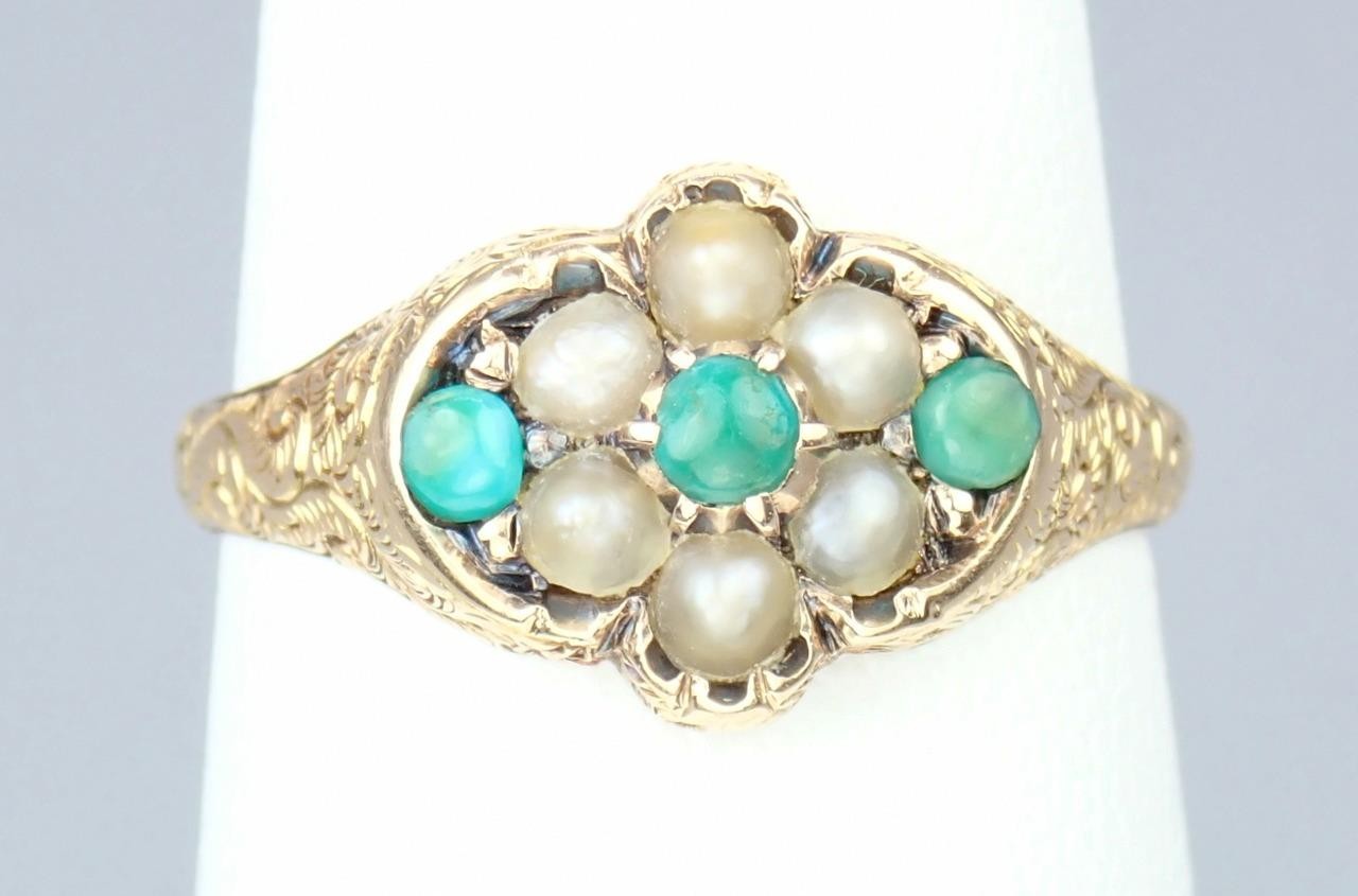 Pretty Antique Victorian 15K Gold Turquoise Pearl Floral Engraved Ring 1869 5.75