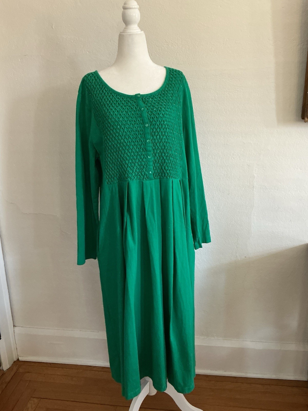 Vintage The Paragon Green Dress Smocked Beads Cotton Knit Pockets Comfort XL 1X